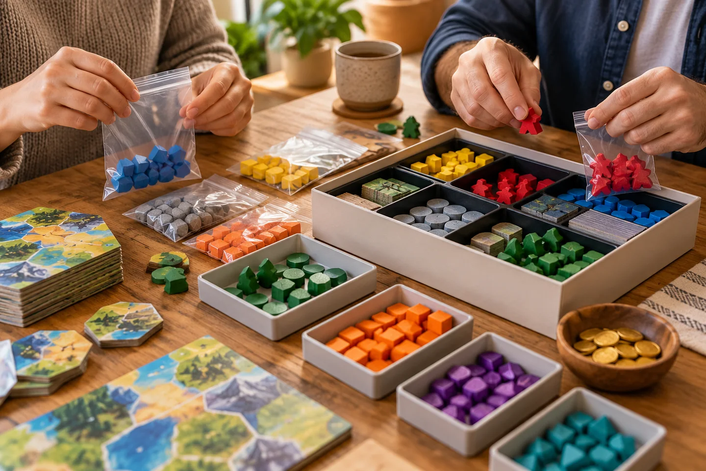 Hands sorting game pieces into bags and storage trays