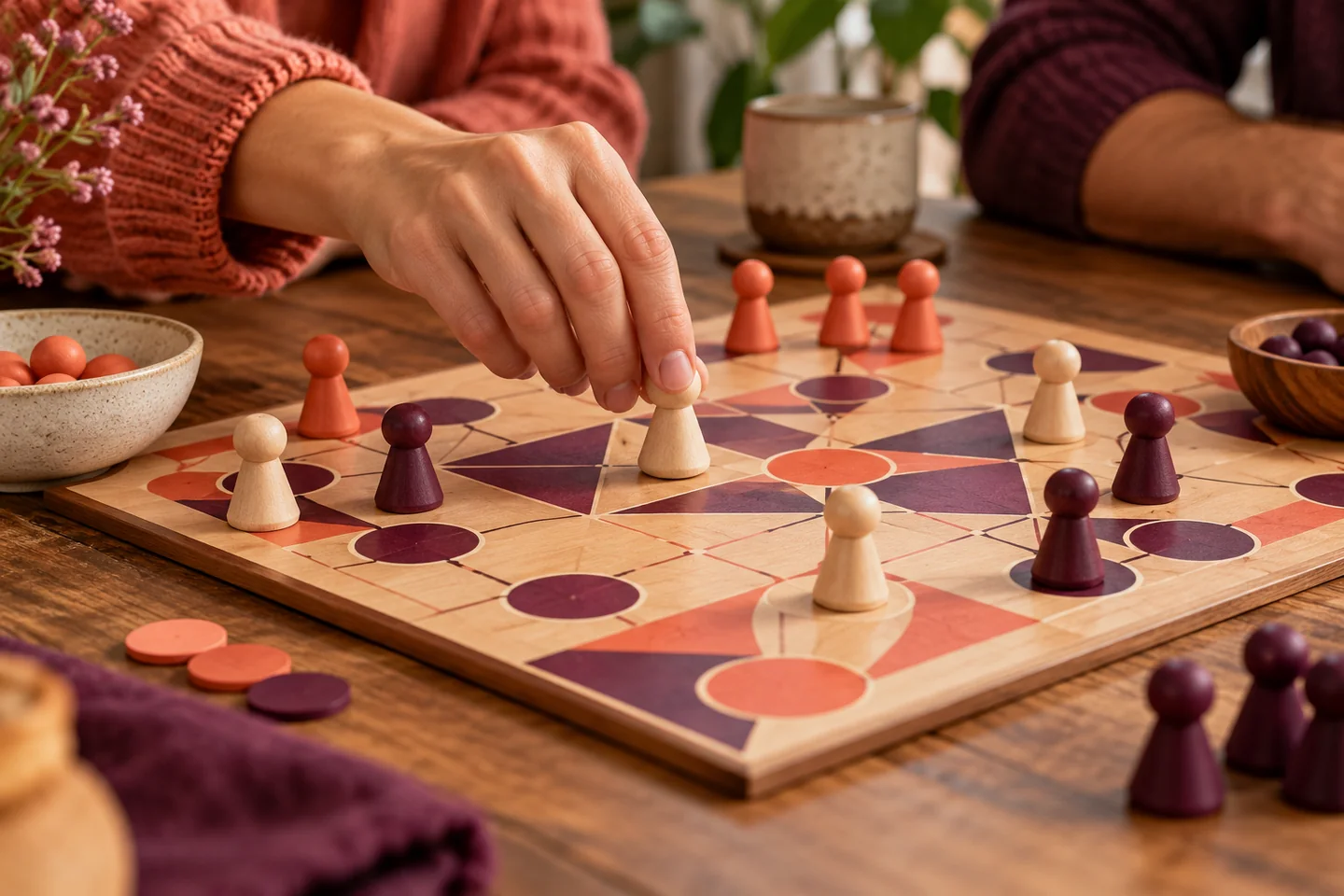 A hand moving a wooden pawn on a simple geometric board