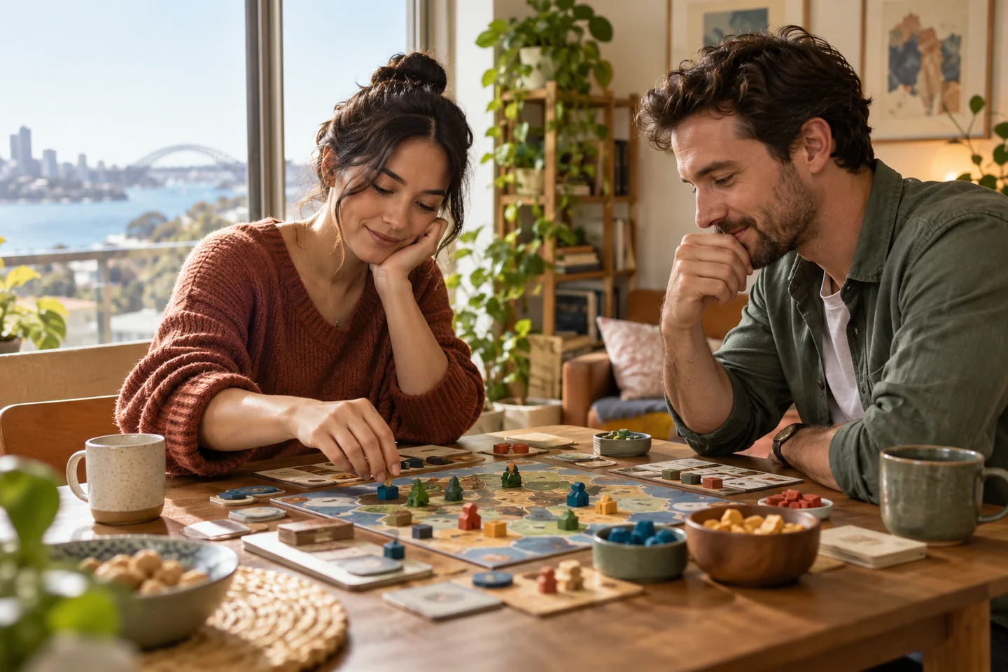Two people enjoying a quiet tabletop game by a window