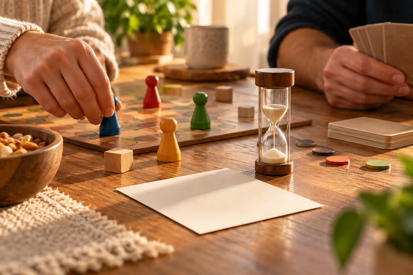 A small sand timer beside original wooden game pieces
